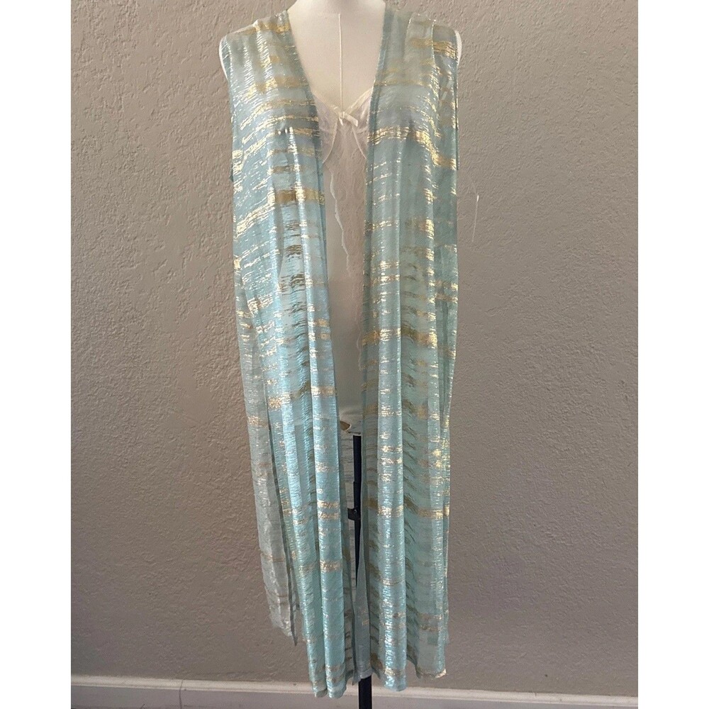 LuLaRoe Women's Sz M Aqua Metallic Gold Boho Sheer Lightweight Kimono Cover Up
